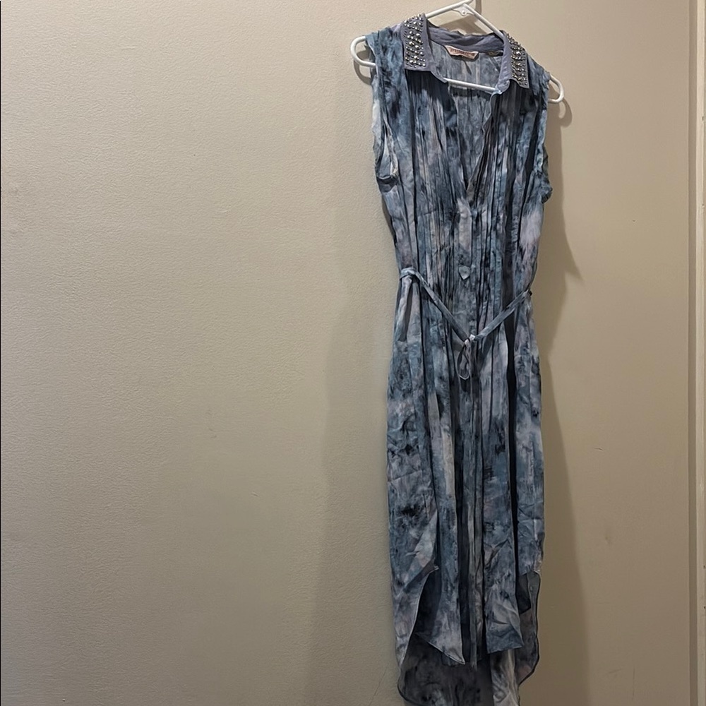 Rebecca Taylor Blue, White And Purple Silk Tie Front Dress - Size 10